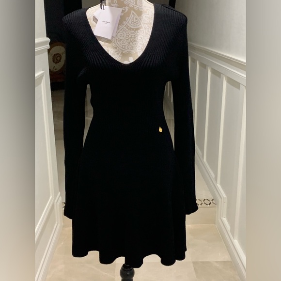 Balmain Plunging Long-Sleeve Rib Knit Mini Dress Size 44 - Picture 4 of 16